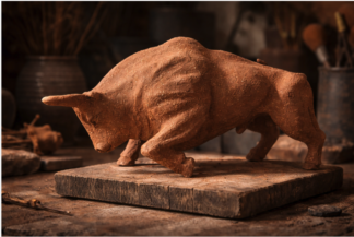 Clay Bull sculpture in a dramatic workshop
