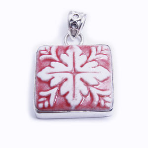 Mosaic is a hand carved square porcelain pendant glazed and set in sterling silver. Available in red, blue, grey and light blue.
