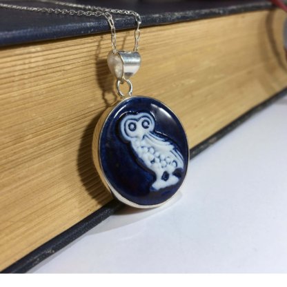 hand carved porcelain blue owl cameo set in silver