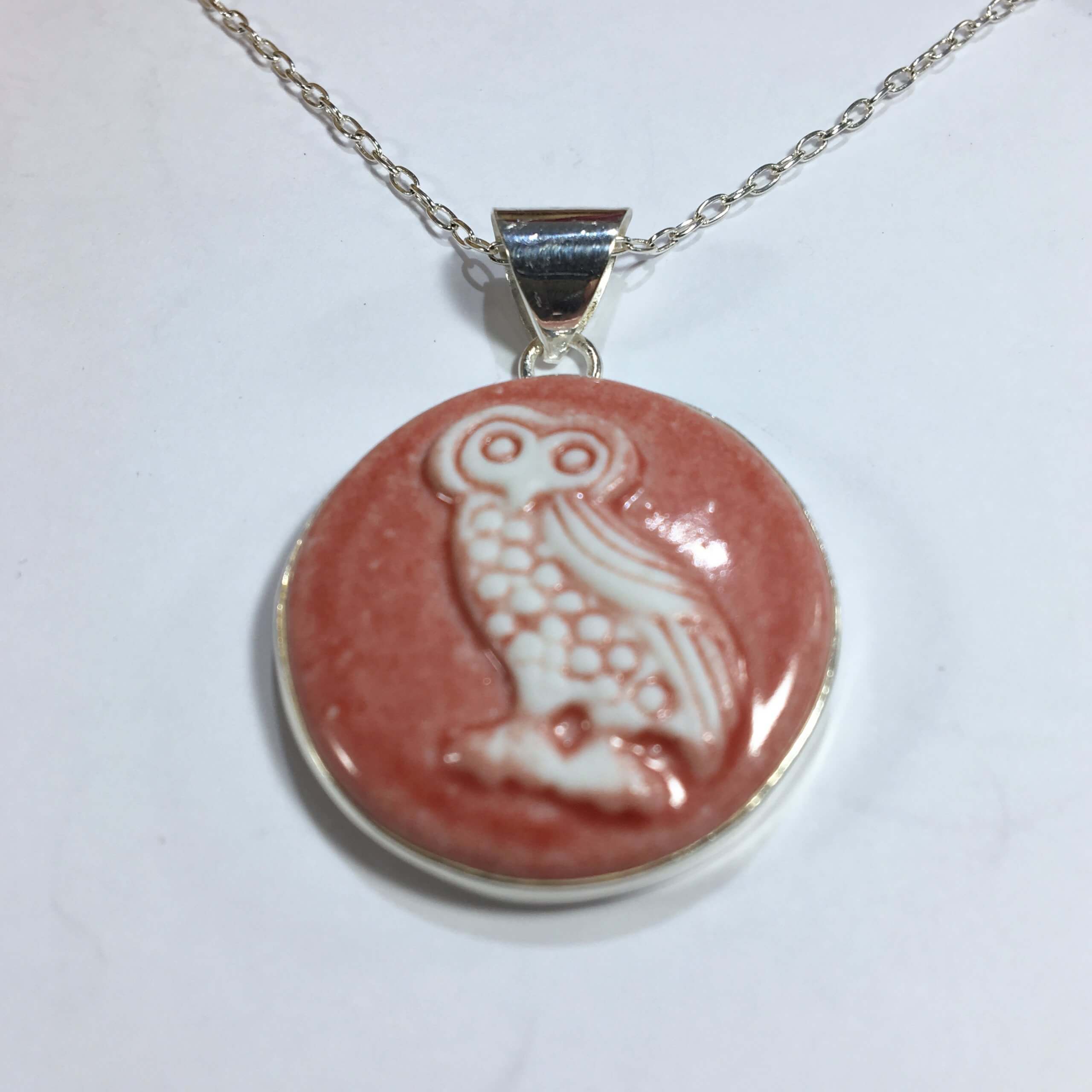 Owl Greek Coin Pendant Necklace hand carved in porcelain and set in sterling silver - Image 4