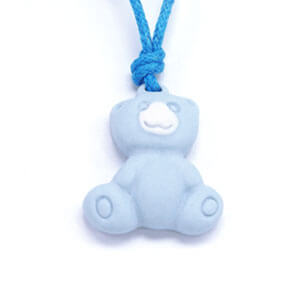 An adorable light blue bear pendant with cord