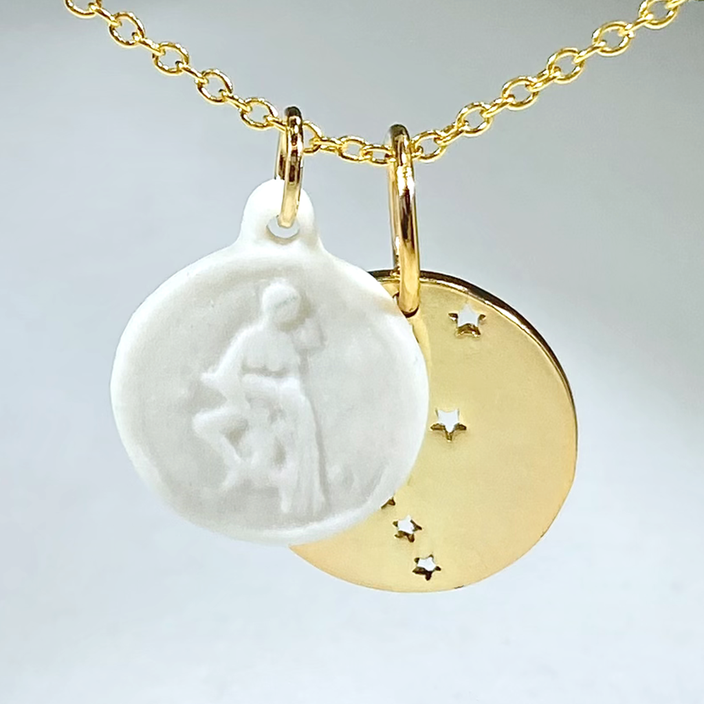 Aquarius bundle porcelain white coin and brass constellation charm necklace