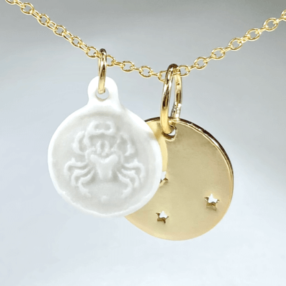 Combo-Cancer white porcelain coin medallion and brass gold plated charm with gold chain