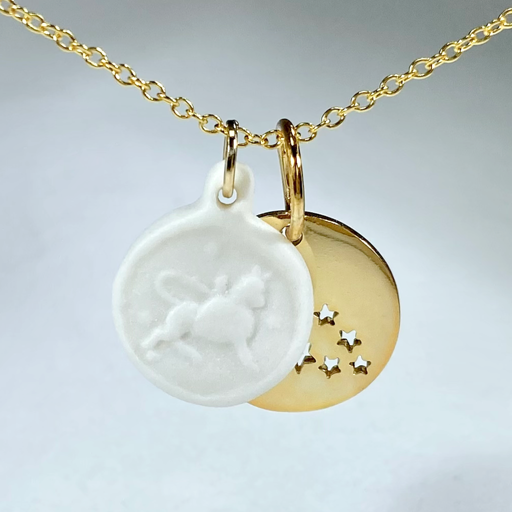 Taurus porcelain coin and brass constellation necklace