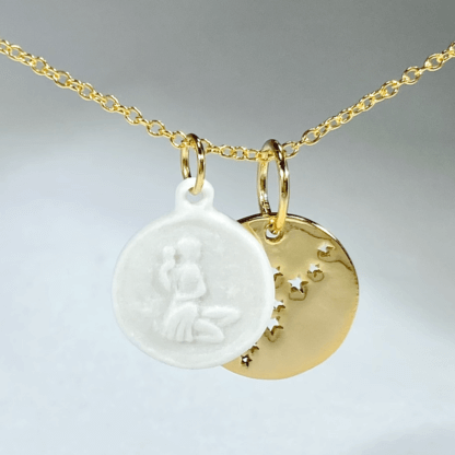 Virgo white porcelain coin medallion with gold chain and brass-gold plated constellation disc